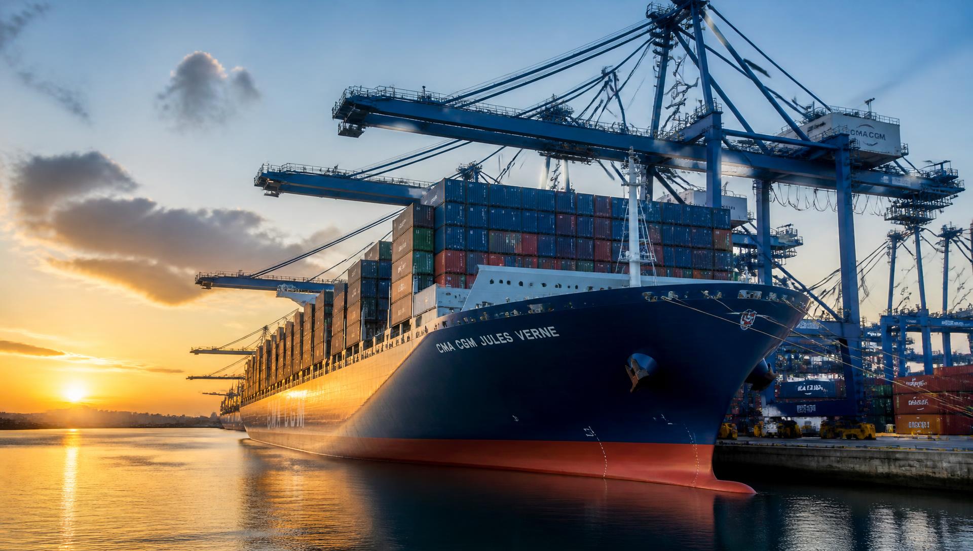 Container ship berthed at a terminal at sunset